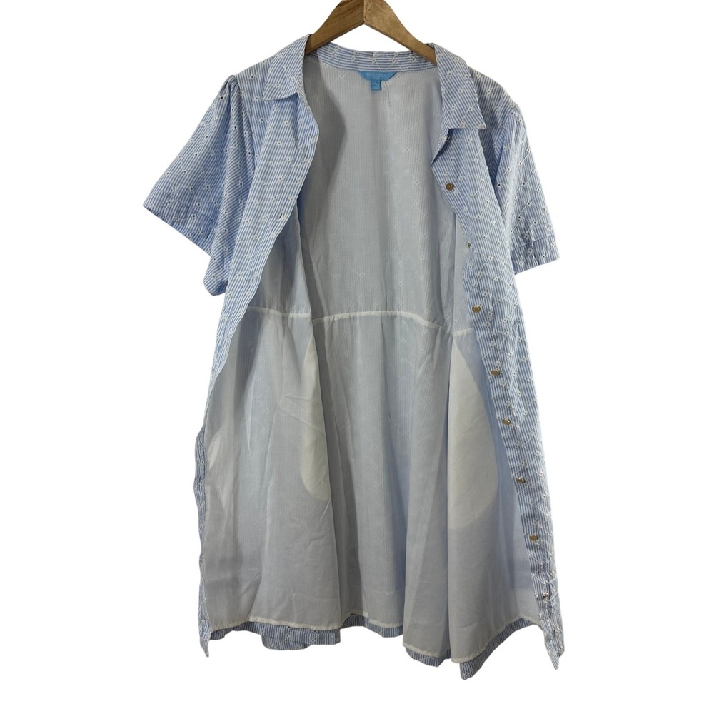Draper James XXL Blue White Stripe Eyelet 100% Cotton Button Front Shirt Dress - Picture 4 of 9